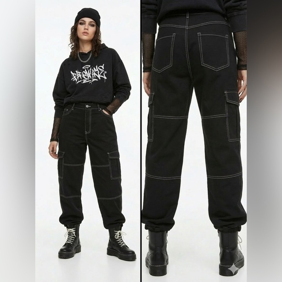 H&M Pants - H&M DIVIDED CARGO PANTS BLACK CONTRAST STITCH STRAIGHT LEG SIZE 8